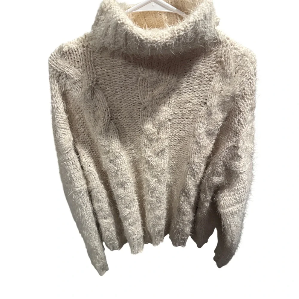 Sage The Label Cream Cable Knit Fuzzy Turtleneck Sweater Large